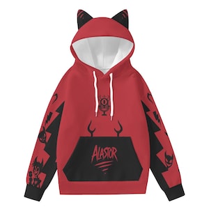May include: Red hoodie with black accents and cat ears. The hoodie features a black pocket with the name "Alastor" and various black graphic designs on the sleeves and hood. The hood has a white interior.