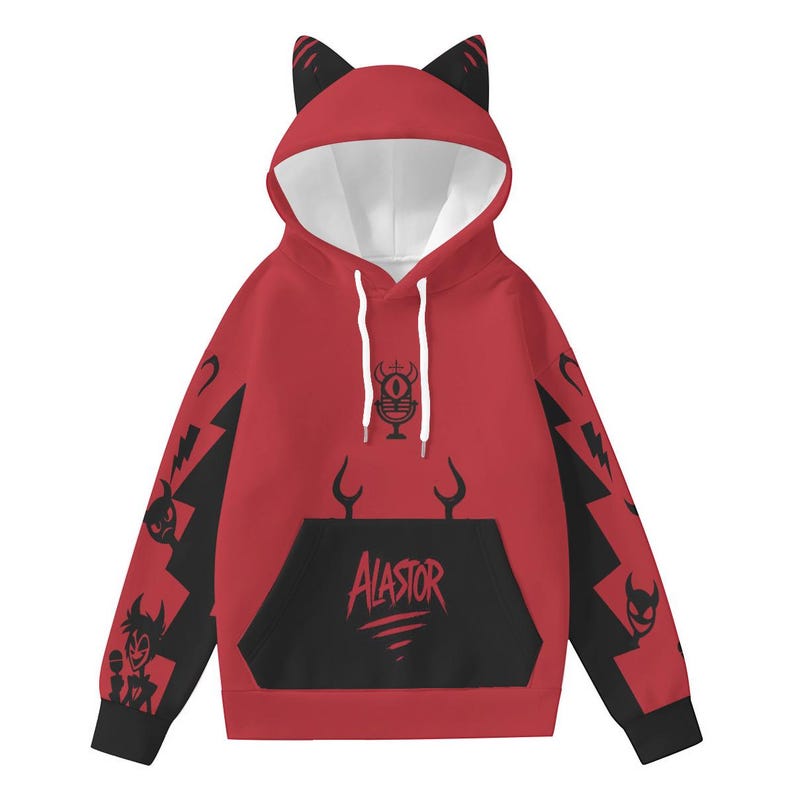 May include: Red hoodie with black accents and cat ears. The hoodie features a black pocket with the name "Alastor" and various black graphic designs on the sleeves and hood. The hood has a white interior.