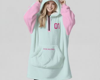 Miku kattöronfilt med huvtröja – Vocaloid Cosplay – Kawaii Anime Pastellblå Unisex present till Hatsune-fans Handgjord
