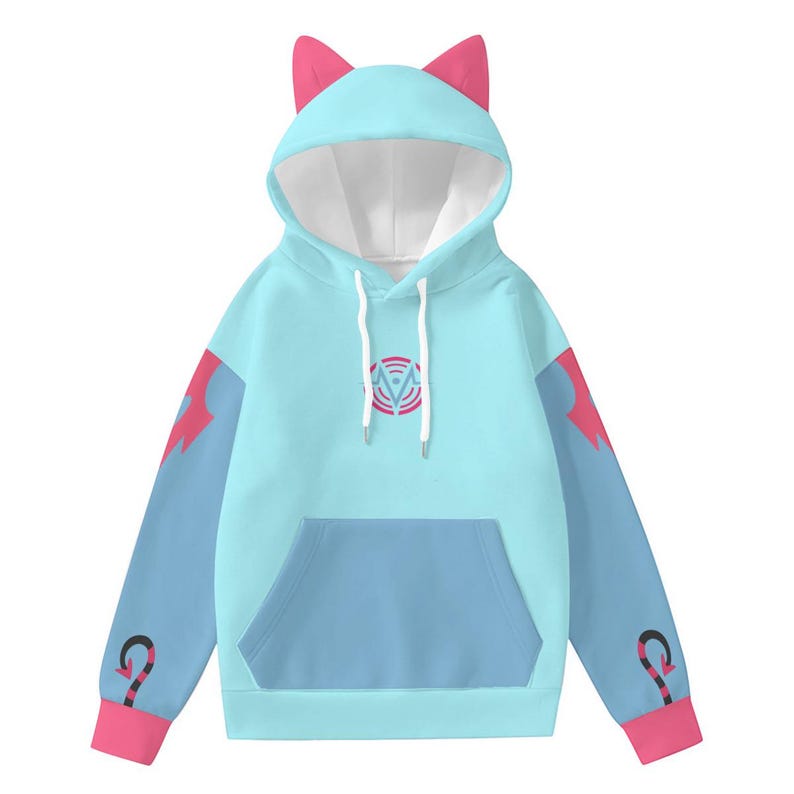 May include: A light blue hoodie with a cat ear design on the hood. The hoodie features a front pocket, blue sleeves with pink accents, and a logo on the chest. The cuffs and hood ears are pink.