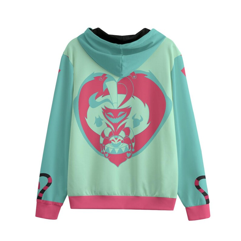 May include: A teal hoodie with a pink and teal heart-shaped graphic on the back. The graphic features a cartoon character. The sleeves are teal with pink cuffs and a black and pink design near the wrist. The hood is teal with a black lining.
