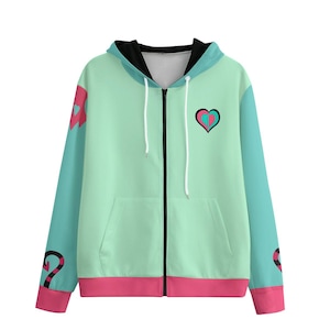 May include: A zip-up hoodie in a pastel color scheme. The body is mint green, with teal sleeves and pink accents on the cuffs and hem. The design includes heart and question mark graphics.