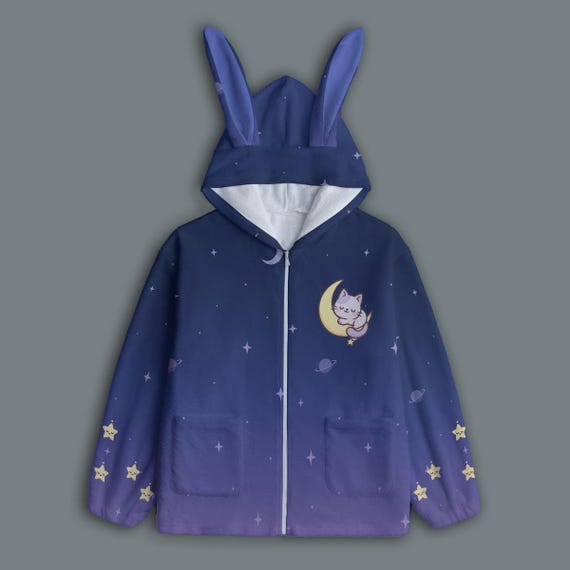 Pastel Goth Moon Cat Hoodie: Bunny Ear Cosplay, Kawaii Streetwear