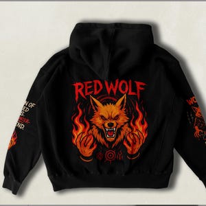 Red Wolf Hoodie – Anime Wolf Cosplay Hoodie, Gothic Streetwear Aesthetic, Unisex Oversized Hoodie, Red Furry Wolf Costume Pullover