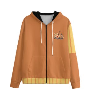 Peut inclure: Un sweat à capuche orange avec une doublure intérieure noire. Le design comprend un petit graphisme et le mot "FURIN" sur le haut de la poitrine droite. Des rayures jaunes ornent la manche droite et le bas du sweat.