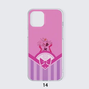 Puede incluir: Funda de teléfono rosa con un personaje de dibujos animados con corona y pajarita. El diseño incluye un fondo rosa, un lazo decorativo y un patrón de rayas. El número "14" está impreso en la parte inferior.