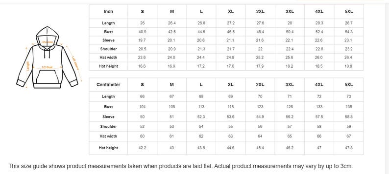 May include: White size chart for a hoodie, with measurements in inches and centimeters. The chart includes length, bust, sleeve, shoulder, hat width, and hat height for sizes S through 5XL. Text at the bottom states measurements may vary.