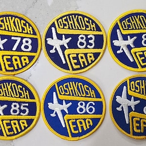 Vintage Oshkosh EAA Fly-In patches, New Old Stock Collectible, 1978, 1983, 1984, 1985, 1986, and 1987
