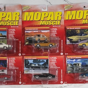 May include: A set of ten 1/64 scale die-cast model cars from the Mopar Muscle Magazine series. The cars are displayed in individual blister packs with red, white, and blue packaging. The cars include a 1969 Dodge Dart GTS, 1969 Dodge Super Bee, 1970 Plymouth Superbird, 1967 Plymouth GTX, 1964 Dodge Charger, and 1967 Plymouth Barracuda.