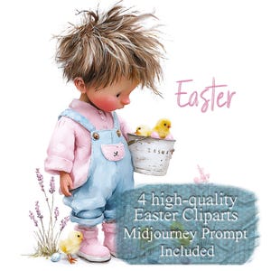 以下が含まれることがあります： ピンクと青のオーバーオールを着た子供が、2羽の黄色いひよこが入ったバケツを持っているイラスト。 「Easter」の文字がピンク色で書かれています。 「4 high-quality Easter Cliparts Midjourney Prompt Included」と書かれた青い長方形も表示されています。
