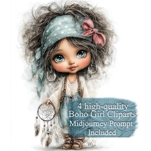 Puede incluir: Ilustración en acuarela de una chica bohemia con grandes ojos azules, que lleva un pañuelo turquesa, un lazo rosa y una blusa blanca. Sostiene un atrapasueños con plumas. La imagen incluye el texto: "4 high-quality Boho Girl Cliparts Midjourney Prompt Included."