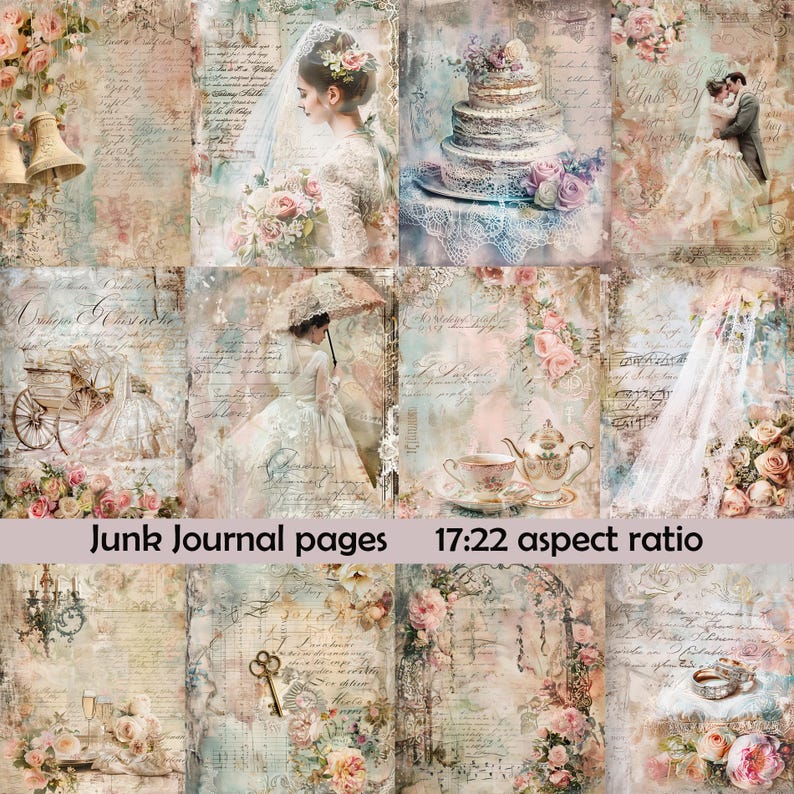 Junk Journal Art Illustration, Wedding Junk Journal, Ephemera Pages, Scrapbooking