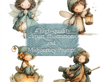 Fairy Tale Creatures Clipart: Watercolor Illustrations (Digital Download, 4 PNGs, 3500x3500 px