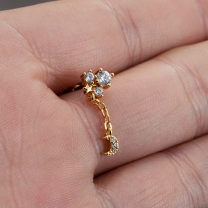 Pendientes de estrella y luna de 20 g con cadena, pendientes de luna, cartílago, pendientes de hélice, trago, pendientes de botón, el mejor regalo