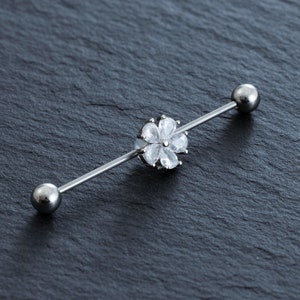14G  Zircon Flower Industrial Barbell,ear piercing,cartilage earrings,Industrial Barbell,barbells,earrings, ear jewelry, Best Gift