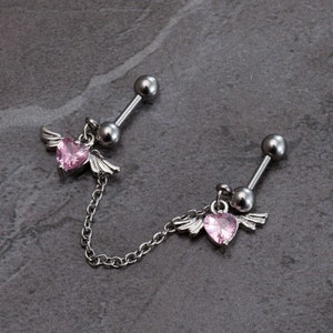 16g (1,2 mm) Acciaio inossidabile Cuore Doppio foro Doppio orecchino Stud, Orecchino a perno Helix con catena, Orecchino a perno posteriore del cerchio della cartilagine, regalo per lei