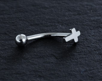 May include: Silver curved barbell with a cross-shaped charm. The barbell is made of surgical steel and is suitable for body piercing.
