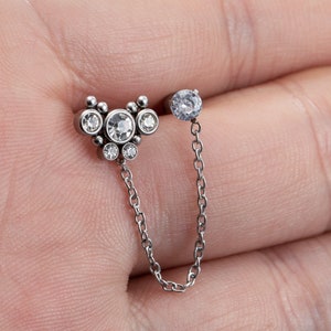 16g(1.2mm)Stainless Steel Zircon Double Hole Double Ear Stud,Helix Stud Earring With Chain,Cartilage Crecw Back Stud Earring,gift for her