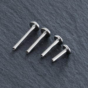 May include: Four silver-colored lip piercing studs with flat, circular tops and slender posts. The studs are arranged diagonally on a dark gray, textured surface. The posts have a hollow end.