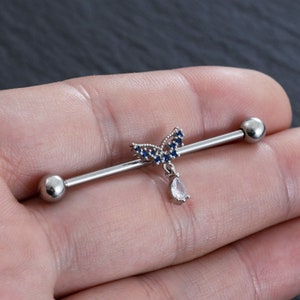 14G Butterfly Industrial Barbell,ear piercing,cartilage earrings,Industrial Barbell,barbells,earrings,ear jewelry, Best Gift