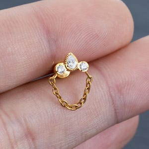 16g G23 Titanium CZ zircon Labret Piercing with chain,Cartilage earring,Tragus piercing,Conch piercing,Cartilage piercing,Labet, Best Gift
