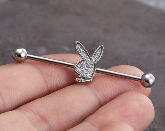 May include: A silver barbell with a sparkly bunny charm. The barbell is designed for body piercing.