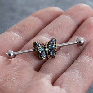 Barra industrial de acero quirúrgico 316L de 14 g con forma de mariposa, piercing para la oreja, pendientes para el cartílago, barra industrial, barras, pendientes, joyería para la oreja