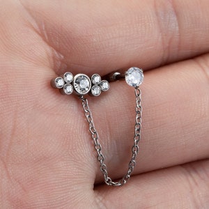 16g(1.2mm)Stainless Steel Zircon Double Hole Double Ear Stud,Helix Stud Earring With Chain,Cartilage Crecw Back Stud Earring,gift for her