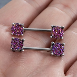 2Pcs 14G Nipple Barbell, Purple Druzy Nipple Ring,Nipple Barbell,Nipple Piercing,Nipple Jewelry,nipple Shield, Best Gift