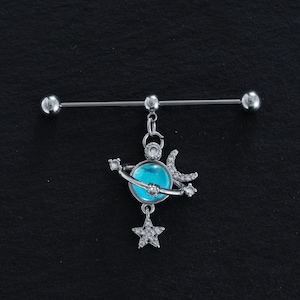 16G (1,2 mm) / 38 mm Planet Industrial Barbell, oorpiercing, kraakbeenoorbellen, industriële barbell, halters, Star Moon-oorbel, beste cadeau voor haar