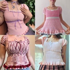 May include: Four different crochet tops in pink and white with ruffled edges. The tops are all sleeveless and have a square neckline.