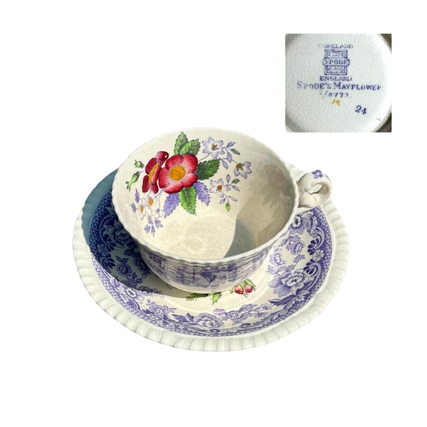Vintage |  Spode Copeland Mayflower England China Purple 2/8772 Print Teacup & Saucer | Set of 2