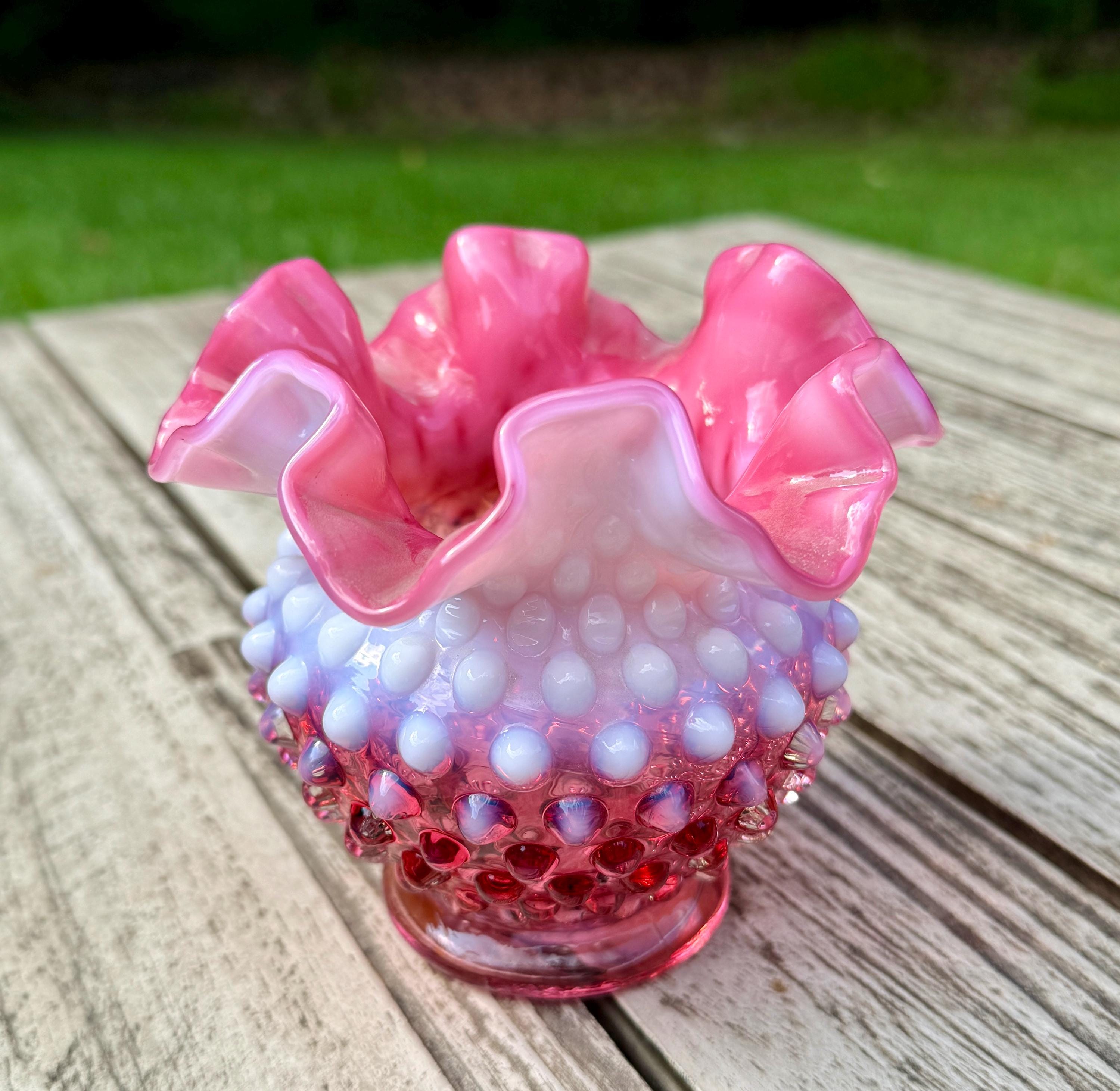 Vintage | Fenton Art Glass Cranberry Opalescent Hobnail Rose Bowl Vase ...