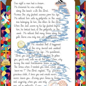 May include: Cross-stitch artwork with a religious theme. The image features a poem about faith, with a lighthouse, footprints, and a seashell. The border includes crosses, candles, and the words "Faith, Hope, Love."