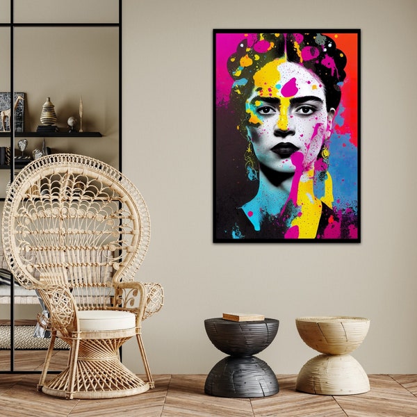 Frida Khalo Poster mit Rahmen | Woman | Digital Painted | Splatters | Wallart | Deco | Premium-Poster aus mattem Papier mit Holzrahmen
