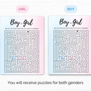 May include: Two gender reveal party game cards with a blue and pink ombre background. Each card has a maze with the words "Boy or Girl" at the top and "Boy" and "Girl" at the bottom.