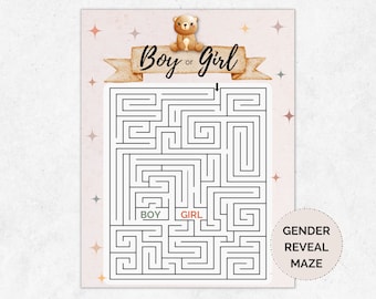 Boho Teddy Bear Gender Reveal Maze Game (Printable Digital Download)