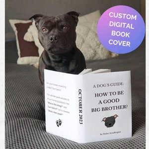 Custom Digital Book Cover, Funny Pregnancy Announcement with dog, Pet Dog Cat Pregnancy Announcement, Printable Pregnancy Reveal Dust Jacket