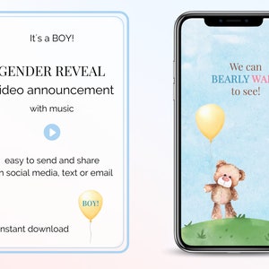 Bear Theme Gender Reveal Video: It&#39;s a Boy Announcement (Digital Download)