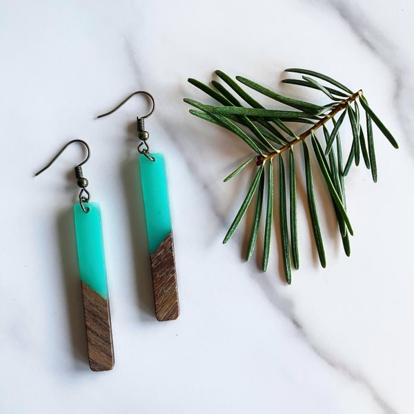 Long Wood + Resin Earrings | Sea Glass Colored Tahoe Blue | Long Dangle Earrings | Simple Elegant, Boho Chic Earrings, Modern Bohemian