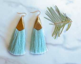 Silk Tassel Earrings | Mint Green | Dangle Fringe Earrings |  Silk Earrings, Boho Chic Earrings, Long Dangle Earring, Modern Bohemian