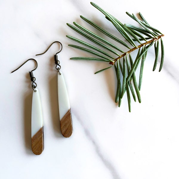 Tear Drop Natural Wood + Resin Earrings | White | Long Dangle Earring | Simple Elegant Earrings, Boho Chic Earrings, Modern Bohemian