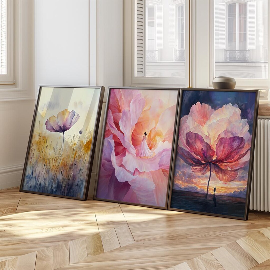 Floral Triptych Wall Art | Pink Surreal Flower Prints (digital Download ...