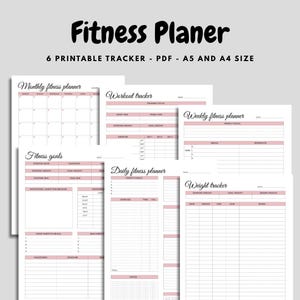 May include: A set of printable fitness trackers in A5 and A4 sizes. The trackers include a monthly fitness planner, workout tracker, weekly fitness planner, fitness goals, daily fitness planner, and weight tracker. The text "Fitness Planer" is at the top.