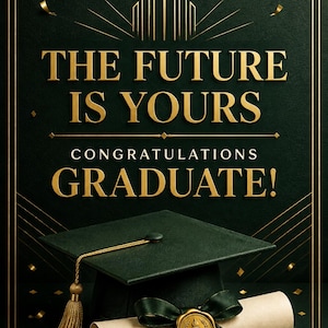 Puede incluir: Un cartel de graduación verde oscuro con texto dorado que dice THE FUTURE IS YOURS CONGRATULATIONS GRADUATE! y un gráfico dorado de la parte superior de un edificio. Debajo, un birrete verde oscuro con borla dorada junto a un diploma enrollado.