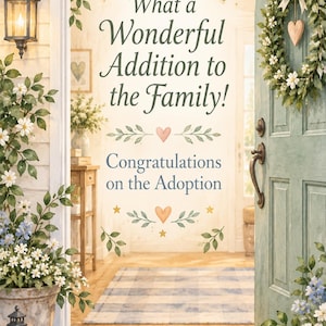 Może przedstawiać: Ozdobny znak z napisem What a Wonderful Addition to the Family! Congratulations on the Adoption. Projekt zawiera ilustracje zielonych gałązek z liśćmi, małych żółtych gwiazdek i brzoskwiniowych serc na jasnym tle.
