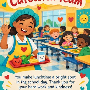 May include: A colorful illustration featuring a cafeteria worker holding a tray with a smiling apple, broccoli, and milk carton. The text reads: To Our Wonderful Cafeteria Team. You make lunchtime a bright spot in the school day. Happy Appreciation Day!