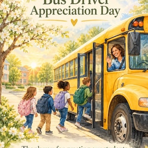 Può includere: Un'illustrazione ad acquerello di uno scuolabus giallo con un autista che saluta. Bambini con zaini camminano verso l'autobus. Il testo recita: Happy Bus Driver Appreciation Day. Grazie per accogliere i nostri studenti con un sorriso.