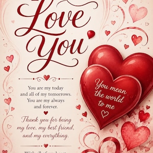 May include: A greeting card featuring the text I Love You, You mean the world to me, and other romantic phrases. The design includes large glossy red hearts, smaller watercolor hearts, and swirling red ribbons on a cream-colored background.