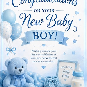 Puede incluir: Una tarjeta de felicitación con el texto Congratulations ON YOUR New Baby BOY! y Wishing you and your little one a lifetime of love, joy and wonderful memories together. Incluye un oso de peluche azul, patucos, cubos y un biberón.
